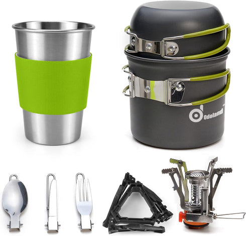 Odoland Camping Cookware Stove, Carabiner Canister Stand, Tripod, Stainless Steel Cup, Fork Spoon Kit