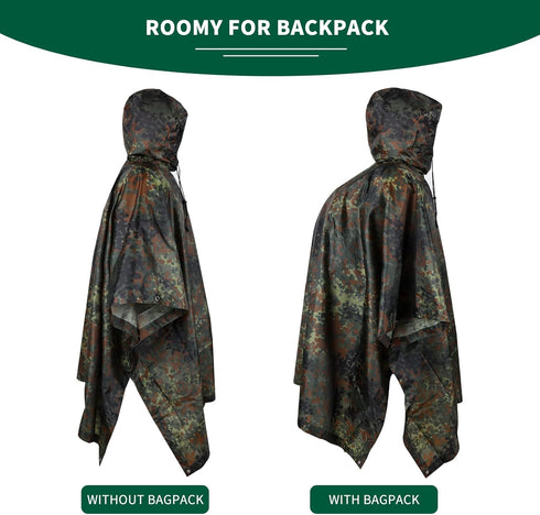 GRVCN Military Rain Poncho - Camouflage Lightweight Waterproof Raincoat for Outdoor Use