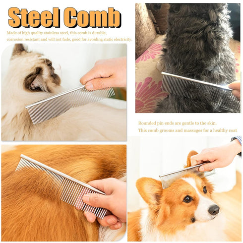 3-Pack Set Long-Tooth Pet Brush - Dog Rake Brush & Steel Shedding Comb & Double-Sided Teech Comb for Double Coat Large