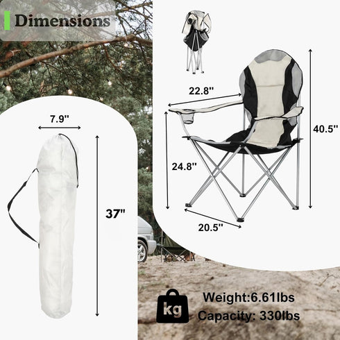 GODECOR 600D Portable Camping Chair with Back Support, Folding Outdoor Padded Lawn Chair with Cup Holder Storage