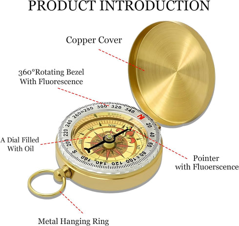 Vintage Waterproof Brass Compass for Hiking Navigation Camping Survival Compass Metal Compass with Luminous