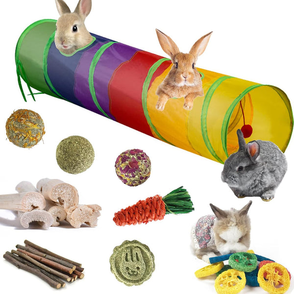 Rabbit Toys, Large Bunny Hideout Tunnel and Tube, Chew Toys for Grinding Teeth, Apple Sticks, Bamboo Carrot