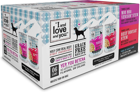 I AND LOVE AND YOU Wet Dog Food, Double Dog Deer Moo Variety Pack - Beef + Venison, 6pk 13oz can