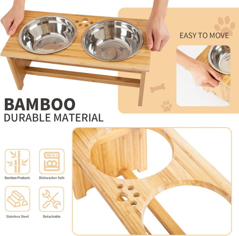 FOREYY Raised Pet Bowls for Cats and Small Dogs, Bamboo Elevated Feeder with 2 Stainless Steel Bowls, Anti-Slip Feet