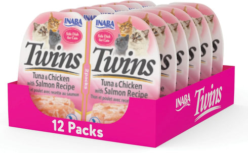 INABA Twins for Cats, Shredded Chicken & Broth Gelée Side Dish/Topper Cups, 12 Servings, Tuna & Chicken Recipe