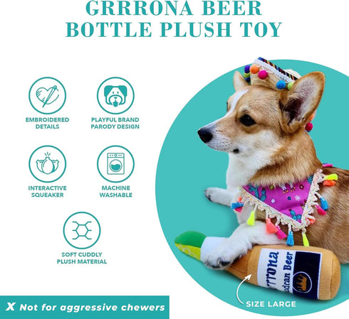 Haute Diggity Dog Grrrona Beer Bottle, Plush Designer Dog Toy, Interactive Squeaker, Size Small
