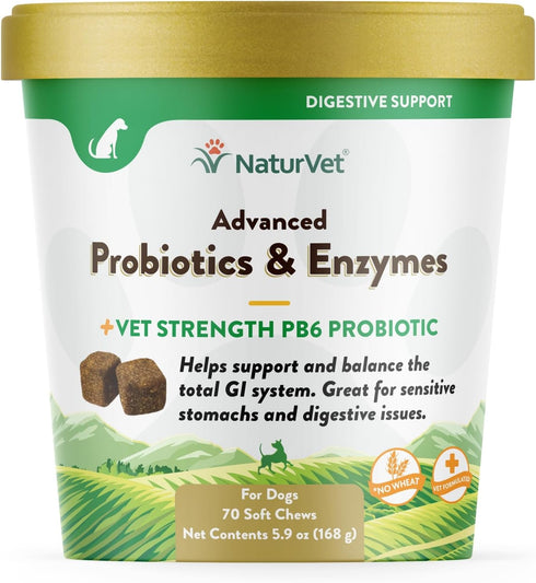 NaturVet Advanced Probiotics and Enzymes Supplement, Plus Vet Strength PB6 Probiotic, 70 Soft Chews Made in the USA