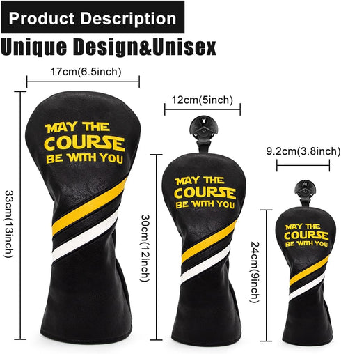 Golf Headcovers, Premium Leather Driver Fairway Wood Hybrid with Number Tags, May The Course Be with You Style