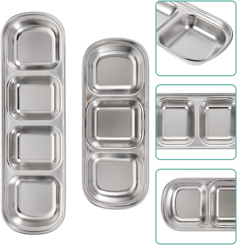 Compartment Pet Tray Food Bowls - 2pcs Stainless Steel Divided Pet Dishes for Kitten Small Dogs Food Water Feeder