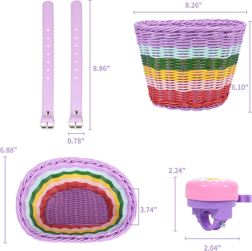 Kids Bike Basket Set, Handwoven Bike Baskets for Children Cycling with Spare Leather Straps and Bell, Easy Install