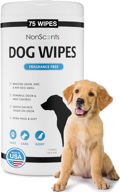 NonScents 75 Deodorizing & Cleaning Dog Grooming Wipes - Fragrance-Free Pet Wipes for Dogs, Unscented for Quick Baths