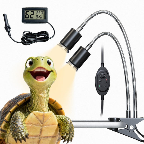 All-in-One Reptile Heat Lamp Bundle, Dual-Head UVB&UVA Lamp with Timer & Hygrothermograph,