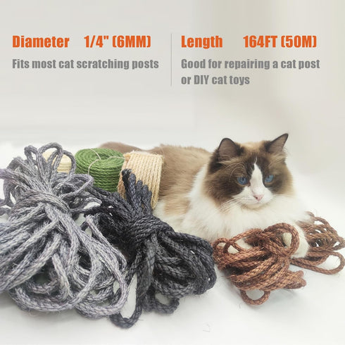 Natural Sisal Rope for Cat Scratcher, 1/4 Inch 164FT Rope for Cat Scratching Post Multi Color Cat Scratcher Replacement Rope, Original Color