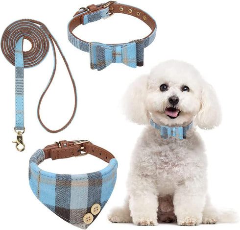 BINGPET Dog Collar and Leash Set, Cute Adjustable Plaid Bandana Collar with Bell, Fit for Small Dogs and Cats