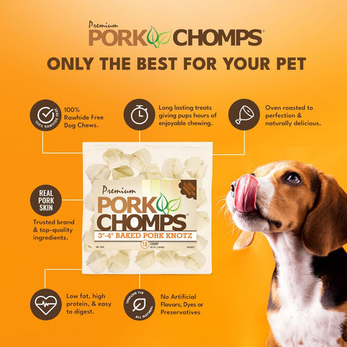 3-inch 18 Count Pork Chomps Baked Pork Skin Dog Chews, Knots