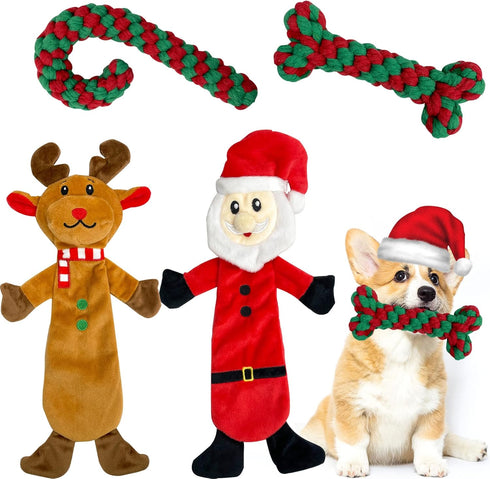 MISS FANTASY Christmas Dog Toys - 4 Pack Stuffless Rope Toys for Aggressive Chewers, Plush Squeaky Teething Toys