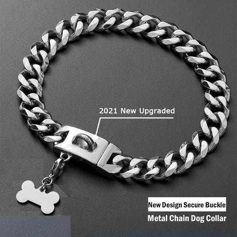 Secure Buckle Silver Metal Dog Chain Collar with ID Tag, Strong Stainless Steel Cuban Link Chew Proof for Large Dogs