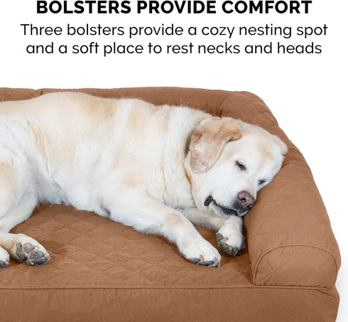 Furhaven Memory Foam Dog Bed for Medium/Small Dogs with Removable Bolsters & Washable Cover, Quilted Sofa, Toasted