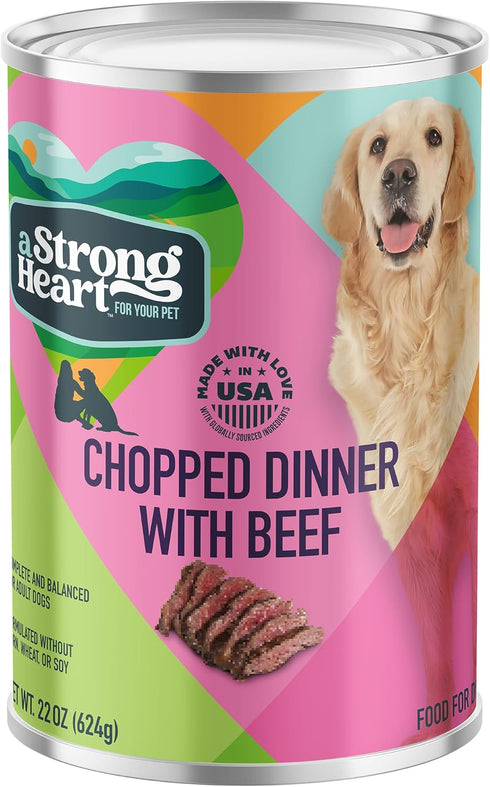 22 oz (Pack 12), A Strong Heart Wet Dog Food, Chopped Dinner with Beef - Cans of Made in The USA with Real Beef