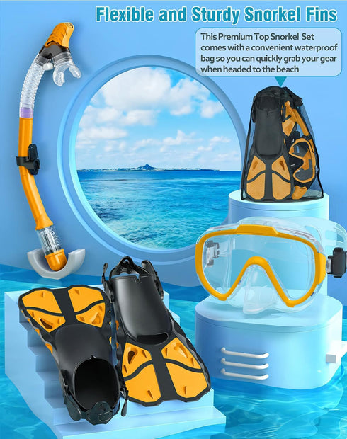 Snorkel Set with Fins for Adults, Snorkeling Gear Combo Set with Dry Top Snorkel Mask and Travel Bag for Diving,