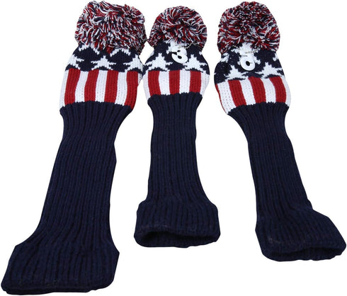 Golf Builder 3pcs USA Stars and Stripes Knitted Golf Head Cover, Driver Fairway Wood Pom Pom