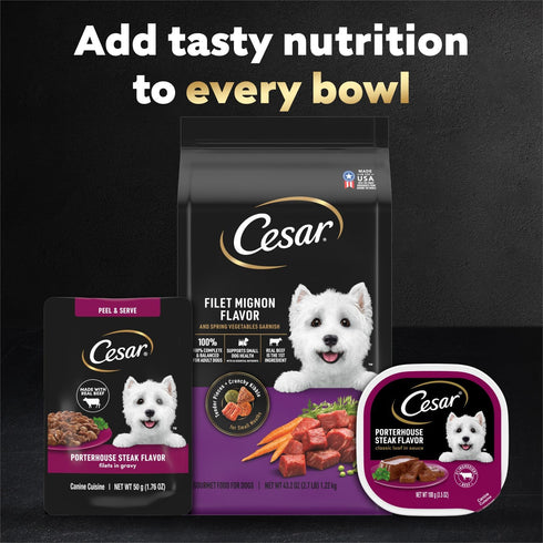 1.76 oz. 20 Count Cesar Filets in Gravy Wet Dog Food, Porterhouse Steak Flavor, Mini-Pouch