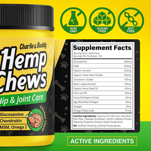 3 120 Glucosamine for Dogs - Hmp Calming Chews with Glucosamine & Chondroitin - Daily Support with MSM, Omega