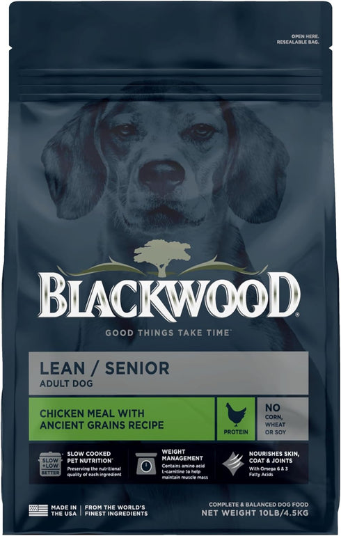 Blackwood Lean/Senior Dry Dog Food, Chicken Meal with Ancient Grains, 10 lb Bag for Weight Management and Muscle Mass