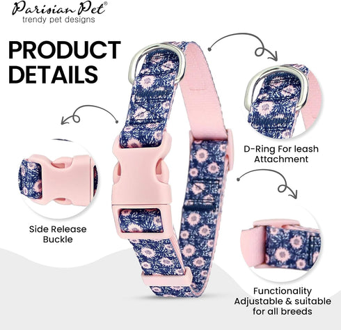 Parisian Pet Dog Collar, Adjustable “Midnight Blossoms” Pattern Collar for Female Puppies, Comfortable Nylon for Small