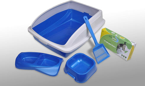 Van Ness 5 Piece Kit - Kitten and Cat Starter Set with High Side Litter Box, Water Bowl, Double Feeder, Litter Scoop,