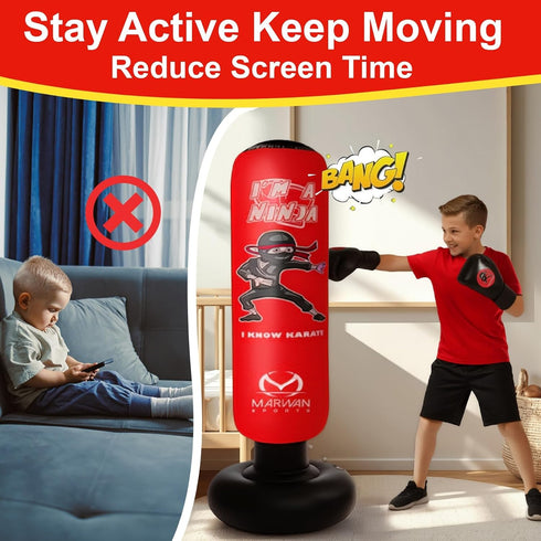 5-in-1 Set 63 4-12, Marwan Sports Kids Punching Bag with Gloves, Pump & Funnel Inflatable Boxing Bag for Kids Durable