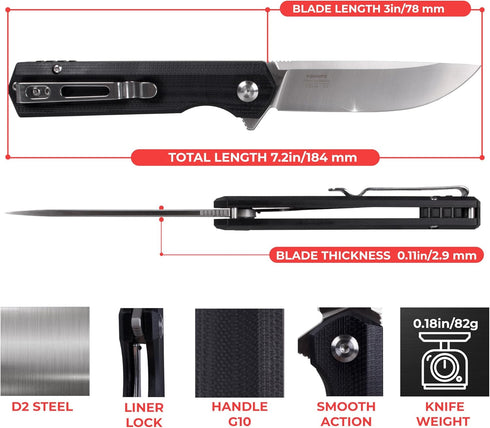 Firebird GANZO FH11 Pocket Folding Knife - D2 Steel Flip Blade, G10 Anti-slip Handle, Black