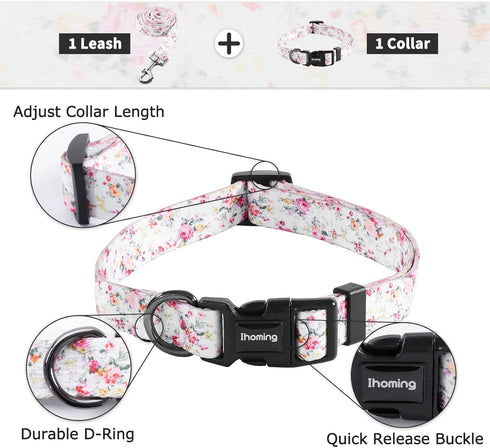 Ihoming Dog Collar and Leash Set for Medium Dogs, Floral Sky Design for Daily Outdoor Walking & Training