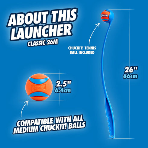 26M 26" 2 Pack (2.5") 20-60 lbs, Chuckit! Ultra Dog Ball & Launcher Bundle Classic Length with Medium Bouncy Fetch
