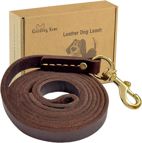 Guiding Star Leather Dog Leash 6ft, Heavy Duty Handmade Training Leash for Large Medium Dogs (Brown)