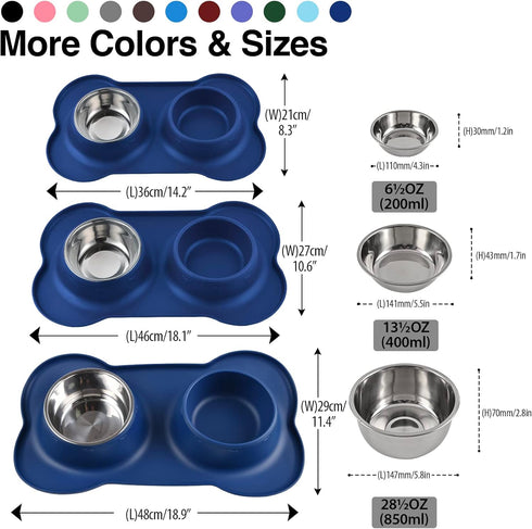 Dog Bowls 2 Stainless Steel Bowls for Pet Food and Water Feeder with Non Spill Skid Resistant Silicone Mat