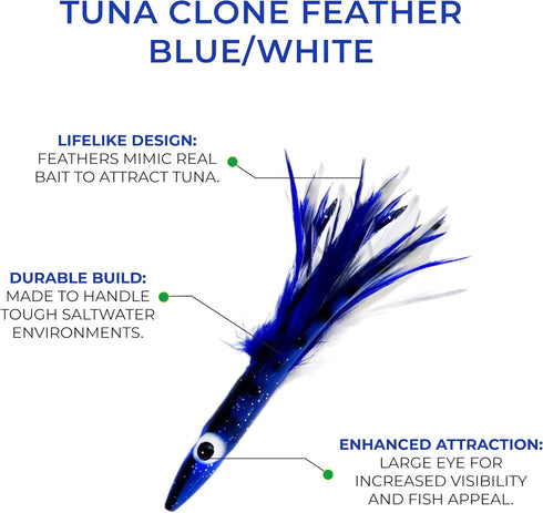 6" 6 Albacore Tuna Clone Feather, Pcs Blue White for Saltwater Fishing Unrigged, Premium Lure, Ideal for Tuna Mahi