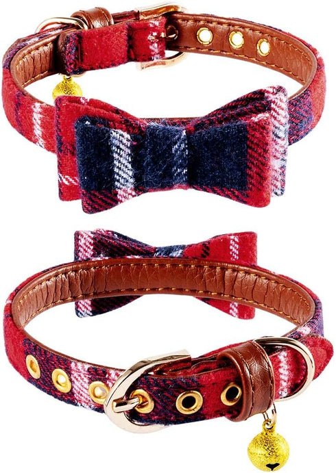 EXPAWLORER Dog Collar and Leash Set, Classic Plaid Dog Bow Tie and Bandana Collar with Bell, Adjustable for Dogs