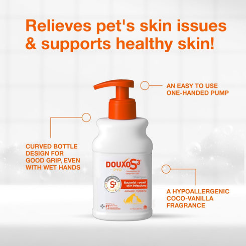 S3 3% 0.5% 6.7 oz. (200mL) Douxo Pyo Shampoo, Contains Chlorhexidine & Ophytrium, Antiseptic & Hydrating, For Bacterial