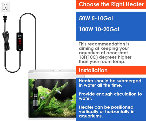 AquaMiracle 50W Small Aquarium Heater, Super Mini Fish Tank Heater for 5-10 Gal Tanks with Dual LED Display