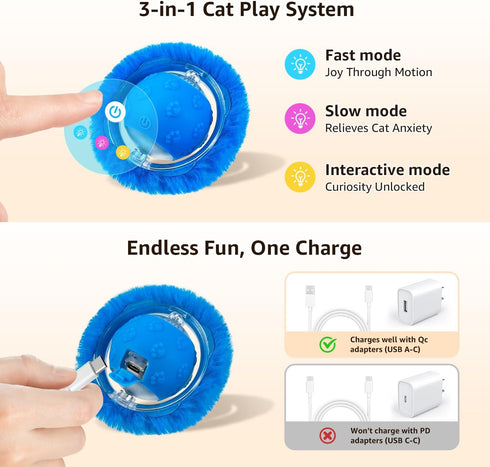 3 Interactive Cat Toys, Play Mat with Automatic Motion Balls, LED Lights, Bird Chirping Sound, Speed Levels, Indoor