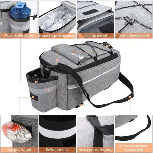 11.4 6.3 6.7in Lixada Bike Panniers Bike Trunk Bag Insulated Bag for Warm/Cool Items, Bicycle Rear Rack Storage Luggage