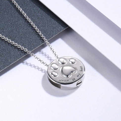 Pet Cremation Necklace for Dog - Sterling Silver Always in My Heart Paw Print Memorial Keepsake Pendant Urn Jewelry for