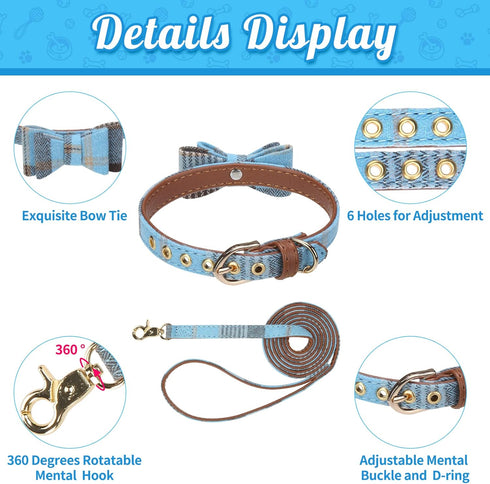 BINGPET Bow Tie Dog Collar and Leash Set - Adjustable Classic Plaid Dog Bandana Collar with Bell for Small Dogs