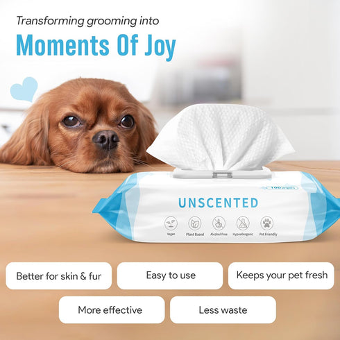 100 Unscented Dog Wipes for Paws, Butt, Ears, Eyes | Organic Hypoallergenic Pet Wipes with Aloe Vera | Extra Thick