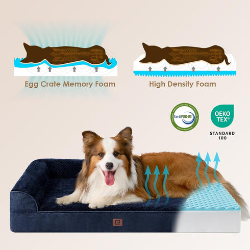 EHEYCIGA XL Memory Foam Dog Bed, Orthopedic Waterproof Egg Crate Couch Bed, Washable Cover, Navy
