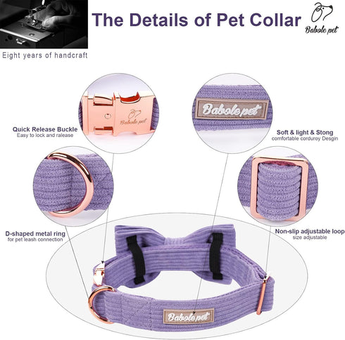 Lavender Corduroy Dog Collars with Bow Tie, Adjustable Safety Metal Buckle for Small Medium Large Dogs, S-Neck 10"-16"