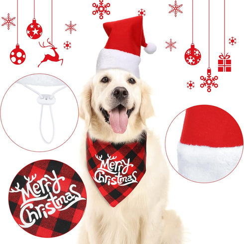 SATINIOR 4 Pcs Adjustable 3D Christmas Dog Santa Hat - Classic Buffalo Plaid Scarf, Reindeer Antlers Headband for Pets