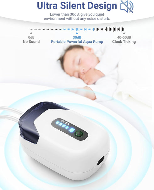 Aquarium Air Pump, Rechargeable Portable Oxygen Pump with Single/Dual Outlets for Fish Tank up to 30/70 Gallon