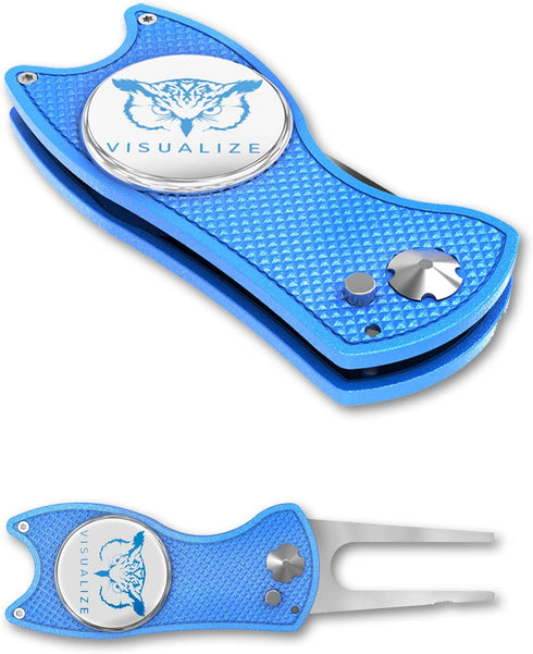 VISUALIZE Elite Switchblade Golf Divot Repair Tool Set with Ball Marker - Sturdy Anodized Aluminum